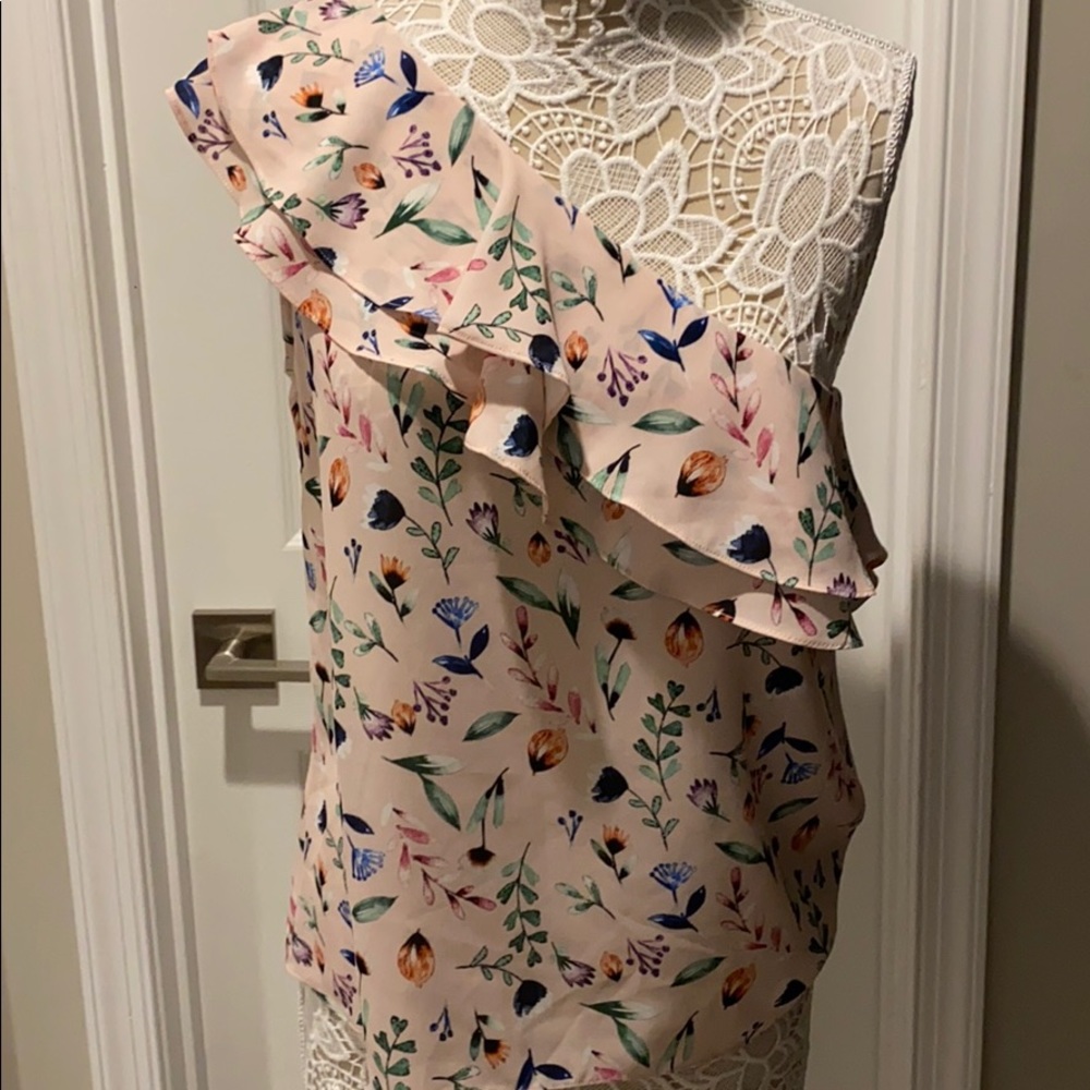 Aqua Floral One-Shoulder Blouse